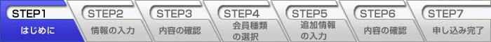 はじめに> 情報の入力 > 内容の確認 > 会員種類の選択 > 追加情報の入力 > 内容の確認 > 申し込み完了